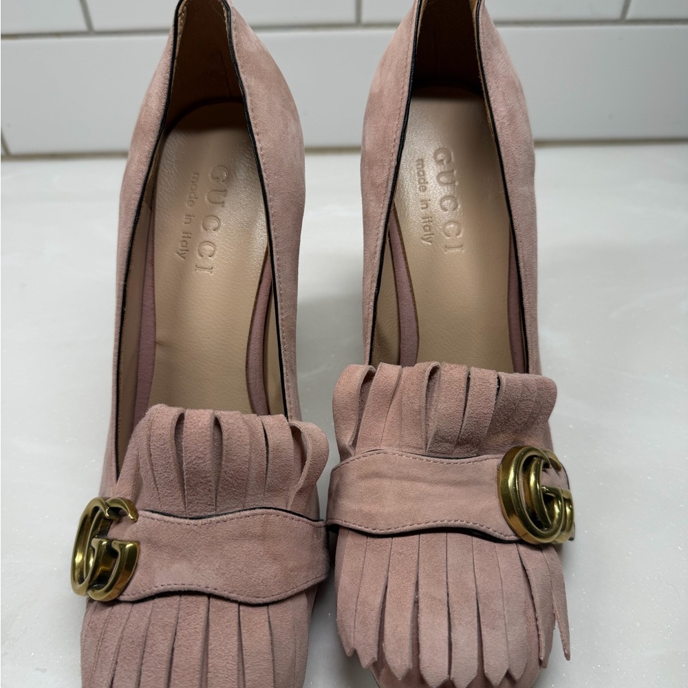 Gucci GG Marmont Fringe Women's Blush Suede Heels with Gold Accent